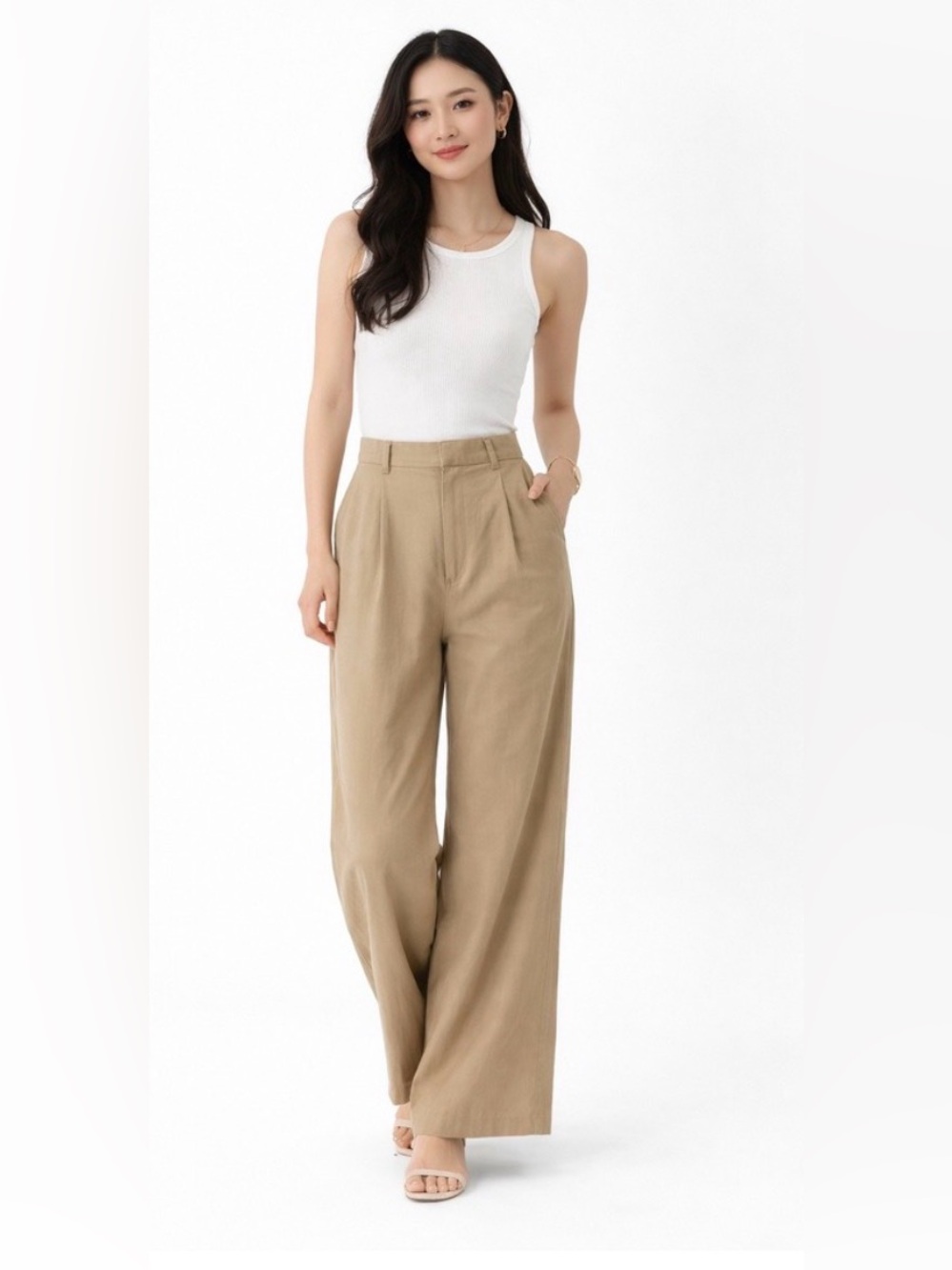 ZARA High Waisted Wide Leg Trousers Beige Tan Size Medium M (0133)